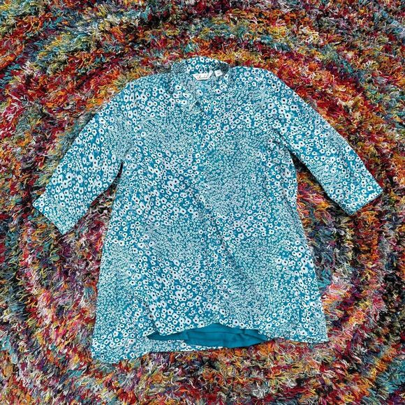 Cafe Marrakesh Women’s Floral Tunic Top Blouse Blue L Peasant Button Front - Picture 1 of 11